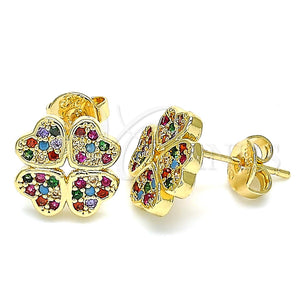 Arete Dormilona 02.233.0005 Oro Laminado, Diseño de Trébol de Cuatro Hojas, con Multicolor Micro Pave, Pulido, Tono Dorado