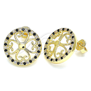 Arete Dormilona 02.233.0017.1 Oro Laminado, Diseño de Flor, con Negro and Blanca Micro Pave, Pulido, Tono Dorado