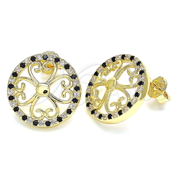 Arete Dormilona 02.233.0017.1 Oro Laminado, Diseño de Flor, con Negro and Blanca Micro Pave, Pulido, Tono Dorado