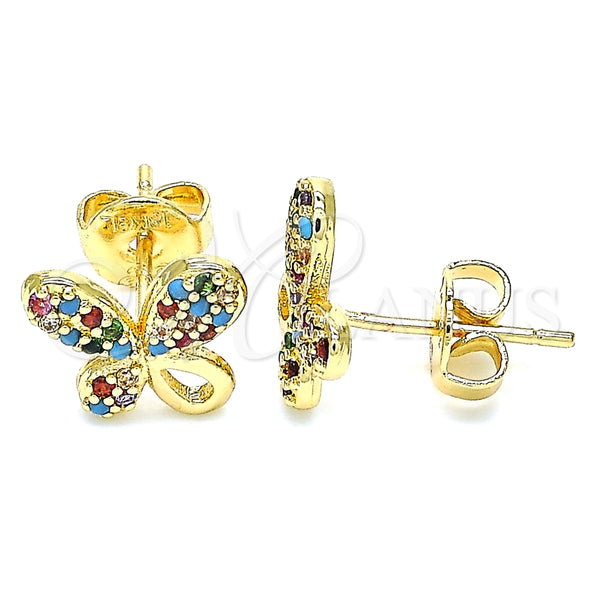 Arete Dormilona 02.233.0022 Oro Laminado, Diseño de Mariposa, con Multicolor Micro Pave, Pulido, Tono Dorado