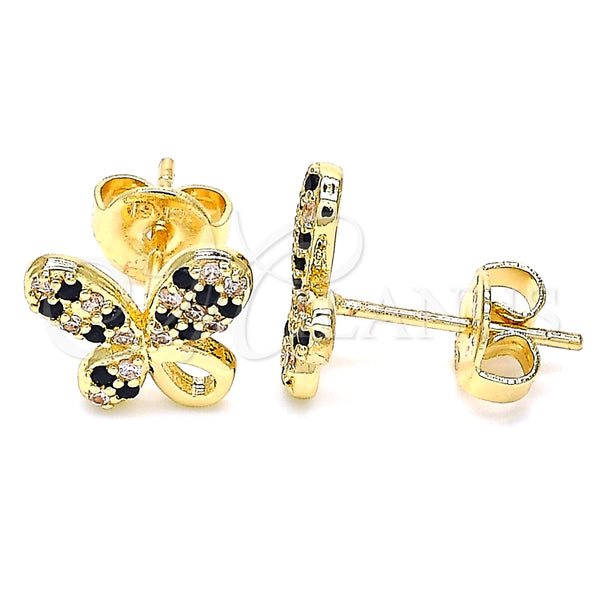 Arete Dormilona 02.233.0022.1 Oro Laminado, Diseño de Mariposa, con Negro and Blanca Micro Pave, Pulido, Tono Dorado