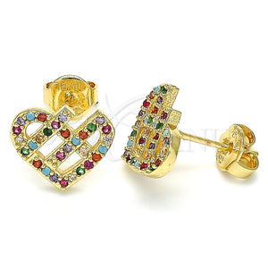 Arete Dormilona 02.233.0023 Oro Laminado, Diseño de Corazón, con Multicolor Micro Pave, Pulido, Tono Dorado