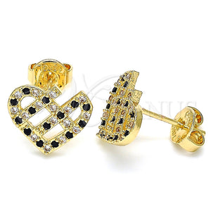 Arete Dormilona 02.233.0023.1 Oro Laminado, Diseño de Corazón, con Negro and Blanca Micro Pave, Pulido, Tono Dorado