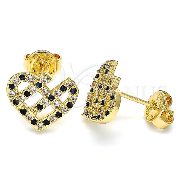 Arete Dormilona 02.233.0023.1 Oro Laminado, Diseño de Corazón, con Negro and Blanca Micro Pave, Pulido, Tono Dorado