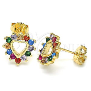 Arete Dormilona 02.233.0024 Oro Laminado, Diseño de Corazón, con Multicolor Zirconia Cubica, Pulido, Tono Dorado