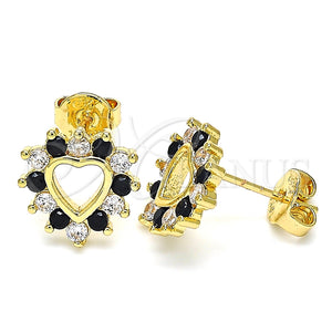 Arete Dormilona 02.233.0024.1 Oro Laminado, Diseño de Corazón, con Negro and Blanca Micro Pave, Pulido, Tono Dorado
