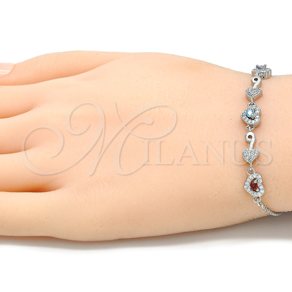 Pulsera Elegante 03.175.0001.11 Plata Rodinada, Diseño de Corazón, con Zirconia Cubica Multicolor y Micro Pave Blanca, Pulido, Rodinado (Grosor 01 MM, 11 Pulgadas de Largo)
