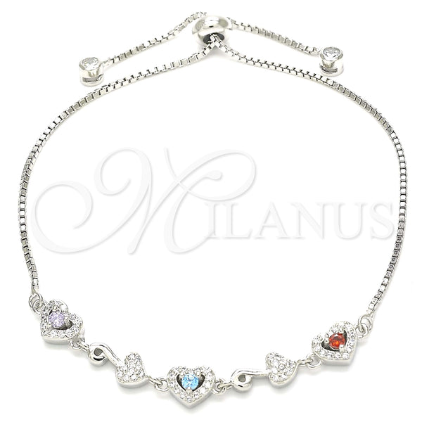 Pulsera Elegante 03.175.0001.11 Plata Rodinada, Diseño de Corazón, con Zirconia Cubica Multicolor y Micro Pave Blanca, Pulido, Rodinado (Grosor 01 MM, 11 Pulgadas de Largo)