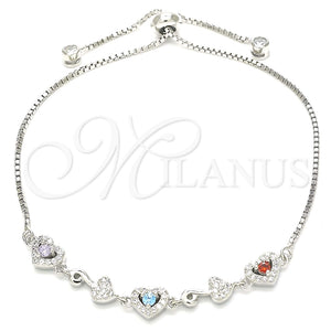 Pulsera Elegante 03.175.0001.11 Plata Rodinada, Diseño de Corazón, con Zirconia Cubica Multicolor y Micro Pave Blanca, Pulido, Rodinado (Grosor 01 MM, 11 Pulgadas de Largo)