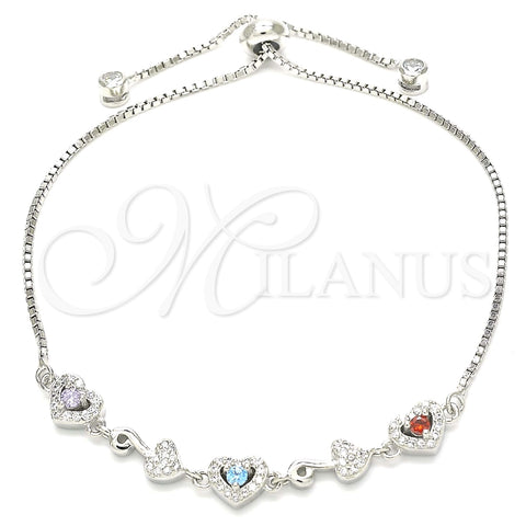 Pulsera Elegante 03.175.0001.11 Plata Rodinada, Diseño de Corazón, con Zirconia Cubica Multicolor y Micro Pave Blanca, Pulido, Rodinado (Grosor 01 MM, 11 Pulgadas de Largo)