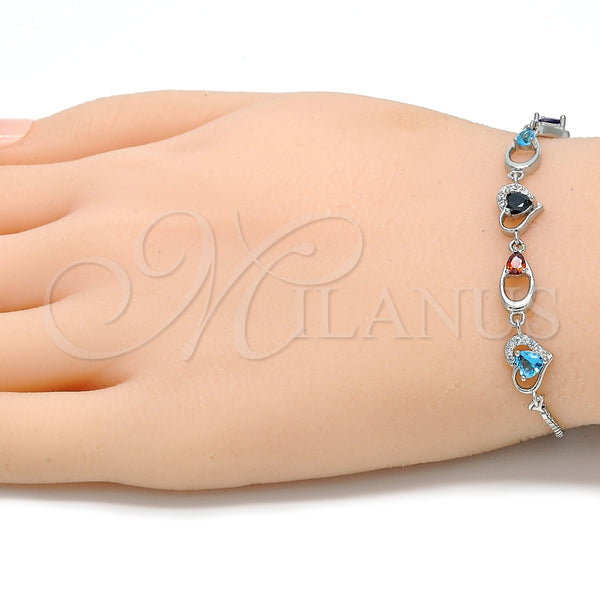 Pulsera Elegante 03.175.0003.11 Plata Rodinada, Diseño de Corazón y Gota, con Zirconia Cubica Multicolor, Pulido, Rodinado (Grosor 01 MM, 11 Pulgadas de Largo)