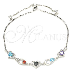 Pulsera Elegante 03.175.0003.11 Plata Rodinada, Diseño de Corazón y Gota, con Zirconia Cubica Multicolor, Pulido, Rodinado (Grosor 01 MM, 11 Pulgadas de Largo)