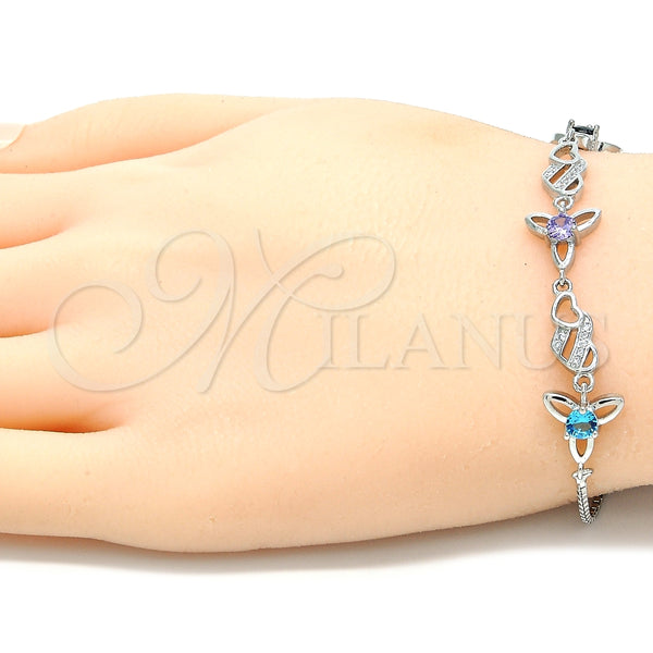 Pulsera Elegante 03.175.0004.11 Plata Rodinada, Diseño de Flor y Corazón, con Zirconia Cubica Multicolor, Pulido, Rodinado (Grosor 01 MM, 11 Pulgadas de Largo)