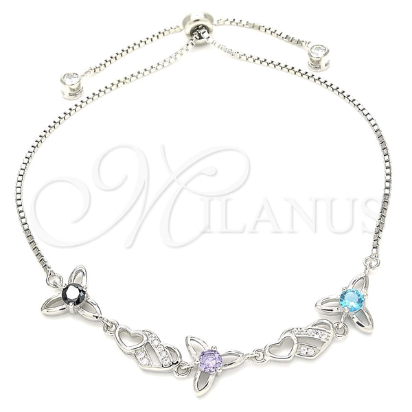 Pulsera Elegante 03.175.0004.11 Plata Rodinada, Diseño de Flor y Corazón, con Zirconia Cubica Multicolor, Pulido, Rodinado (Grosor 01 MM, 11 Pulgadas de Largo)