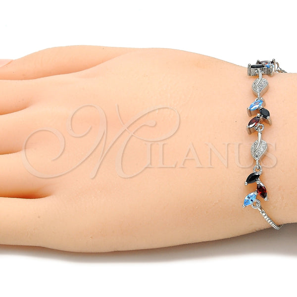 Pulsera Elegante 03.175.0005.11 Plata Rodinada, Diseño de Oja, con Zirconia Cubica Multicolor y Micro Pave Blanca, Pulido, Rodinado (Grosor 01 MM, 11 Pulgadas de Largo)