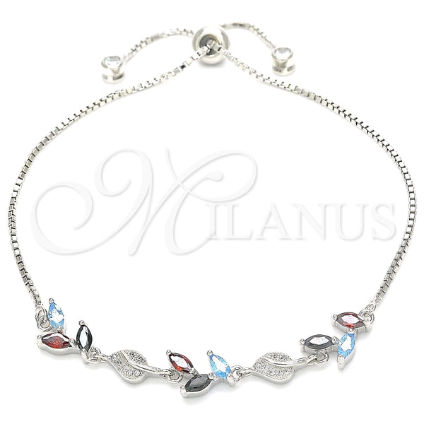 Pulsera Elegante 03.175.0005.11 Plata Rodinada, Diseño de Oja, con Zirconia Cubica Multicolor y Micro Pave Blanca, Pulido, Rodinado (Grosor 01 MM, 11 Pulgadas de Largo)