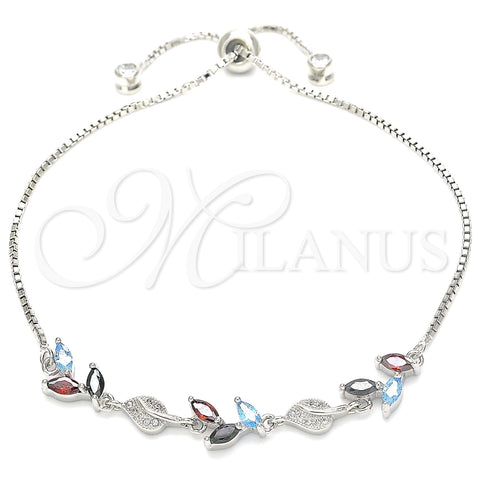 Pulsera Elegante 03.175.0005.11 Plata Rodinada, Diseño de Oja, con Zirconia Cubica Multicolor y Micro Pave Blanca, Pulido, Rodinado (Grosor 01 MM, 11 Pulgadas de Largo)