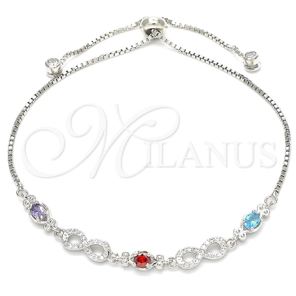 Pulsera Elegante 03.175.0006.11 Plata Rodinada, Diseño de Búho y Infinito, con Zirconia Cubica Multicolor y Micro Pave Blanca, Pulido, Rodinado (Grosor 01 MM, 11 Pulgadas de Largo)