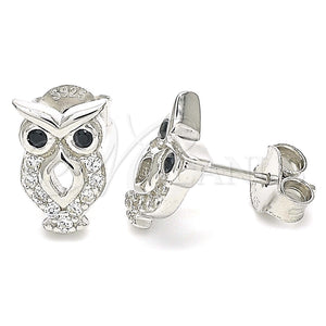 Arete Dormilona 02.336.0124 Plata Rodinada, Diseño de Búho, con Zirconia Cubica Negro y Blanca, Pulido, Rodinado
