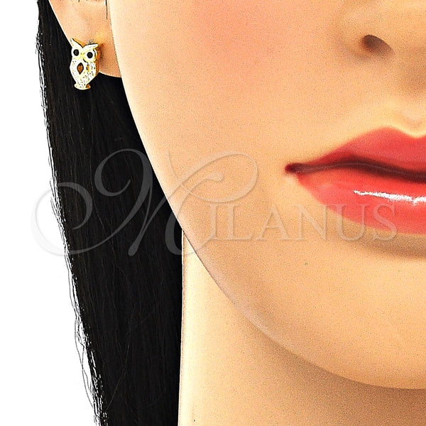 Arete Dormilona 02.336.0124.2 Plata Rodinada, Diseño de Búho, con Zirconia Cubica Negro y Blanca, Pulido, Tono Dorado