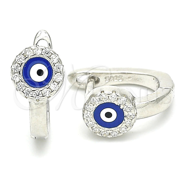 Argolla Huggie 02.336.0136.12 Plata Rodinada, Diseño de Ojo Griego, con Micro Pave Blanca, Esmaltado Azul, Rodinado