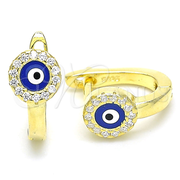 Argolla Huggie 02.336.0136.2.12 Plata Rodinada, Diseño de Ojo Griego, con Zirconia Cubica Blanca, Esmaltado Azul, Tono Dorado