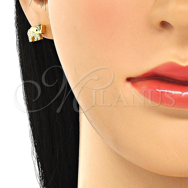 Arete Dormilona 02.336.0138.2 Plata Rodinada, Diseño de Elefante, con Zirconia Cubica Blanca y Cristal Negro, Pulido, Tono Dorado