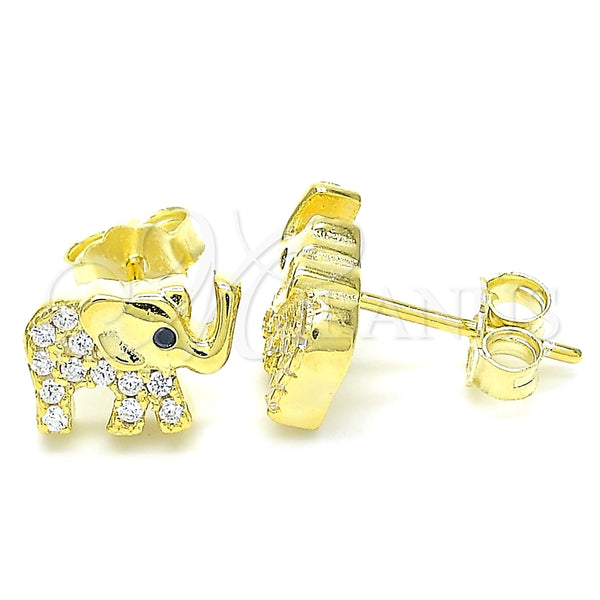 Arete Dormilona 02.336.0138.2 Plata Rodinada, Diseño de Elefante, con Zirconia Cubica Blanca y Cristal Negro, Pulido, Tono Dorado