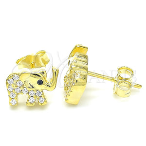 Arete Dormilona 02.336.0138.2 Plata Rodinada, Diseño de Elefante, con Zirconia Cubica Blanca y Cristal Negro, Pulido, Tono Dorado