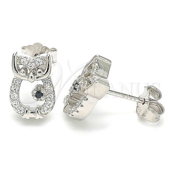Arete Dormilona 02.336.0146 Plata Rodinada, Diseño de Búho, con Zirconia Cubica Negro y Cristal Blanca, Pulido, Rodinado