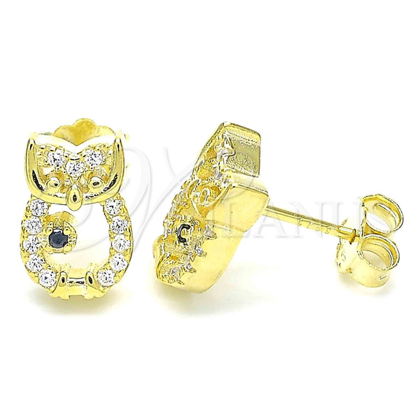 Arete Dormilona 02.336.0146.2 Plata Rodinada, Diseño de Búho, con Micro Pave Blanca y Negro, Pulido, Tono Dorado