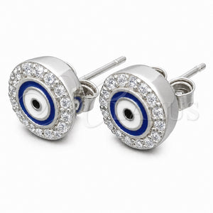 Arete Dormilona 02.336.0151 Plata Rodinada, Diseño de Ojo Griego, con Micro Pave Blanca, Esmaltado Azul, Rodinado