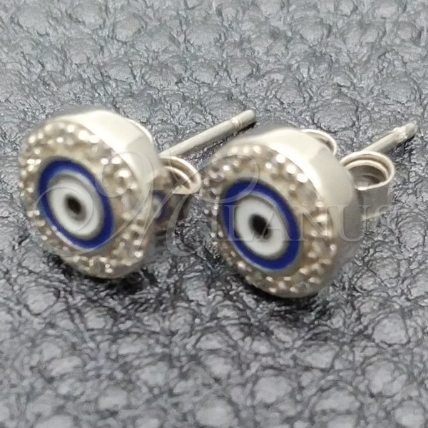 Arete Dormilona 02.336.0151 Plata Rodinada, Diseño de Ojo Griego, con Micro Pave Blanca, Esmaltado Azul, Rodinado