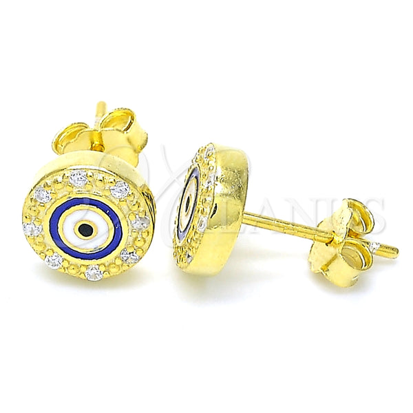 Arete Dormilona 02.336.0151.2 Plata Rodinada, Diseño de Ojo Griego, con Micro Pave Blanca, Esmaltado Azul, Tono Dorado