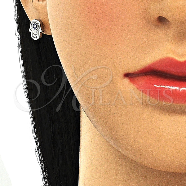 Arete Dormilona 02.336.0152 Plata Rodinada, Diseño de Mano de Dios y Ojo Griego, con Micro Pave Blanca, Esmaltado Azul, Rodinado