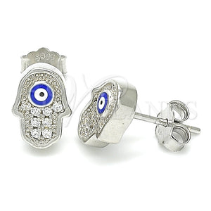 Arete Dormilona 02.336.0152 Plata Rodinada, Diseño de Judaica y Mano de Dios, con Micro Pave Blanca, Esmaltado Azul, Rodinado