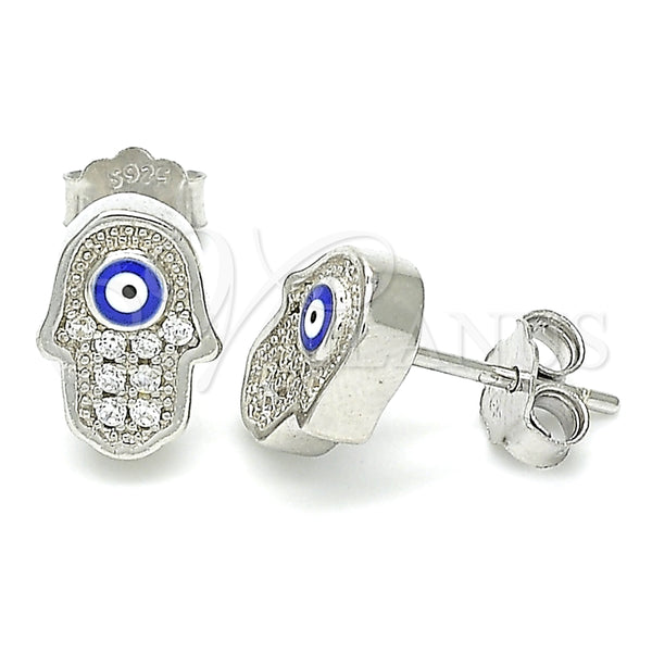 Arete Dormilona 02.336.0152 Plata Rodinada, Diseño de Mano de Dios y Ojo Griego, con Micro Pave Blanca, Esmaltado Azul, Rodinado
