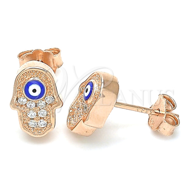 Arete Dormilona 02.336.0152.1 Plata Rodinada, Diseño de Mano de Dios y Ojo Griego, con Micro Pave Blanca, Esmaltado Azul, Tono Rosado
