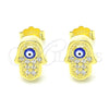 Arete Dormilona 02.336.0152.2 Plata Rodinada, Diseño de Mano de Dios y Ojo Griego, con Micro Pave Blanca, Esmaltado Azul, Tono Dorado