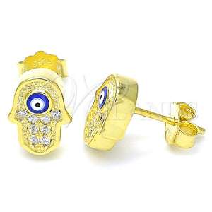 Arete Dormilona 02.336.0152.2 Plata Rodinada, Diseño de Judaica y Mano de Dios, con Micro Pave Blanca, Esmaltado Azul, Tono Dorado