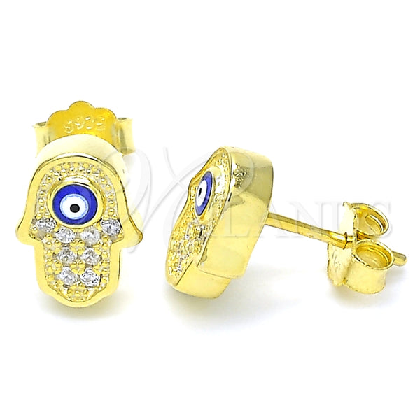 Arete Dormilona 02.336.0152.2 Plata Rodinada, Diseño de Mano de Dios y Ojo Griego, con Micro Pave Blanca, Esmaltado Azul, Tono Dorado
