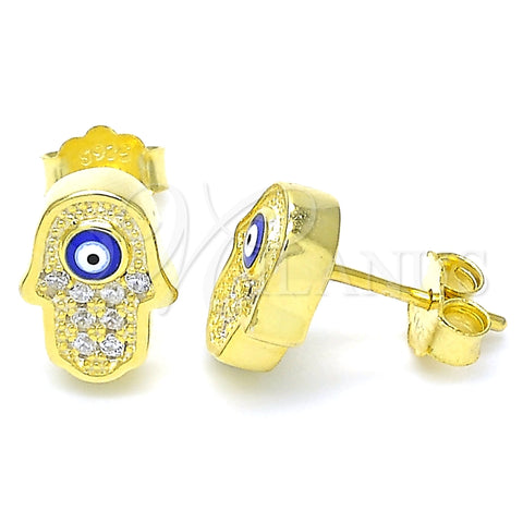 Arete Dormilona 02.336.0152.2 Plata Rodinada, Diseño de Mano de Dios y Ojo Griego, con Micro Pave Blanca, Esmaltado Azul, Tono Dorado