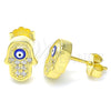 Arete Dormilona 02.336.0152.2 Plata Rodinada, Diseño de Mano de Dios y Ojo Griego, con Micro Pave Blanca, Esmaltado Azul, Tono Dorado