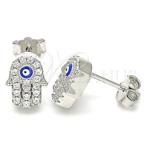 Arete Dormilona 02.336.0154 Plata Rodinada, Diseño de Mano de Dios y Ojo Griego, con Micro Pave Blanca, Esmaltado Azul, Rodinado