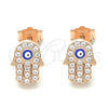 Arete Dormilona 02.336.0154.1 Plata Rodinada, Diseño de Mano de Dios y Ojo Griego, con Micro Pave Blanca, Esmaltado Azul, Tono Rosado