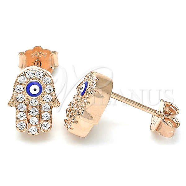 Arete Dormilona 02.336.0154.1 Plata Rodinada, Diseño de Mano de Dios y Ojo Griego, con Micro Pave Blanca, Esmaltado Azul, Tono Rosado