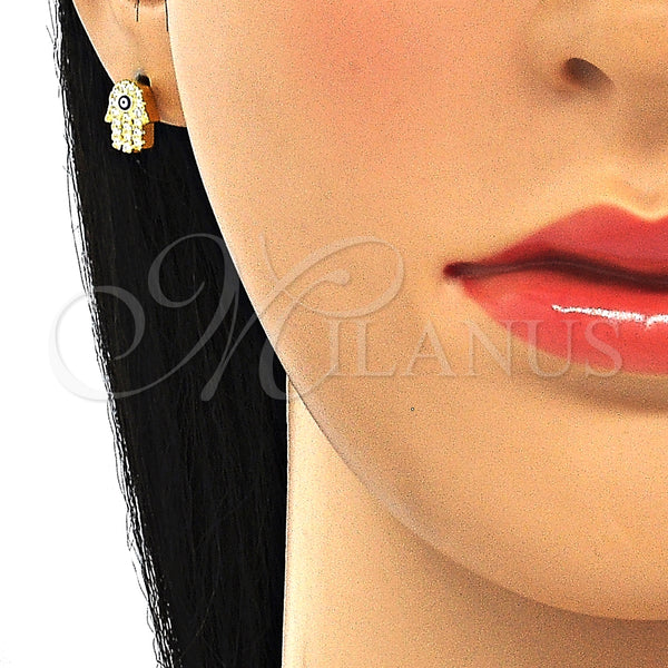 Arete Dormilona 02.336.0154.2 Plata Rodinada, Diseño de Mano de Dios y Ojo Griego, con Micro Pave Blanca, Esmaltado Azul, Tono Dorado