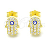 Arete Dormilona 02.336.0154.2 Plata Rodinada, Diseño de Judaica y Mano de Dios, con Micro Pave Blanca, Esmaltado Azul, Tono Dorado