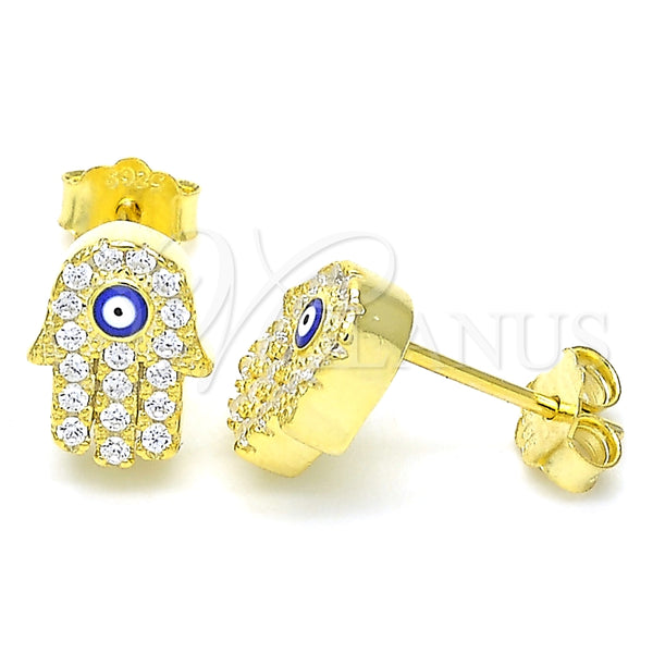 Arete Dormilona 02.336.0154.2 Plata Rodinada, Diseño de Mano de Dios y Ojo Griego, con Micro Pave Blanca, Esmaltado Azul, Tono Dorado