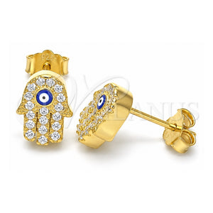 Arete Dormilona 02.336.0154.2 Plata Rodinada, Diseño de Judaica y Mano de Dios, con Micro Pave Blanca, Esmaltado Azul, Tono Dorado